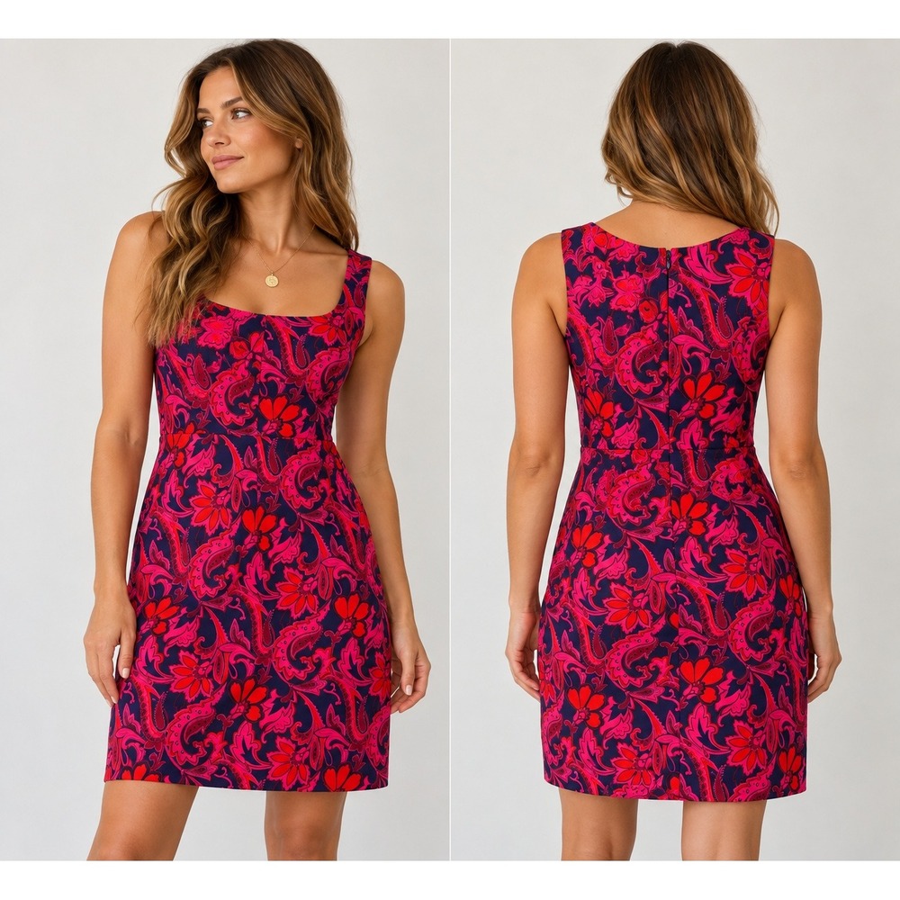 Lands End Womens Size 10 Pink Red Paisley Floral Sleeveless Sheath Dress Pockets